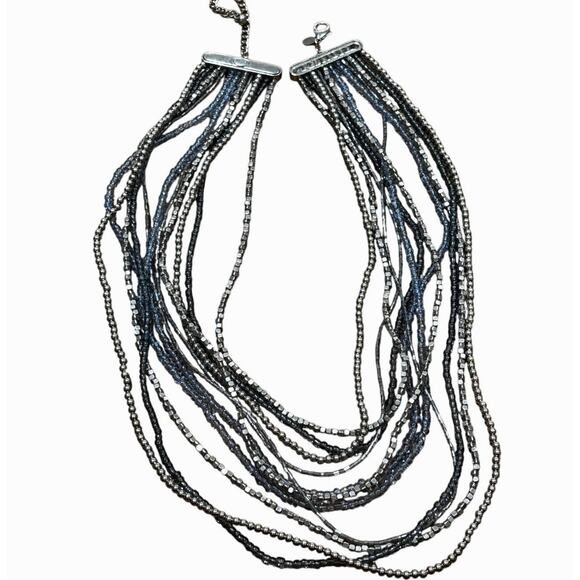 Chico’s multistrand beaded necklace blue silver beads tribal statement w/ FLAW - Picture 2 of 8
